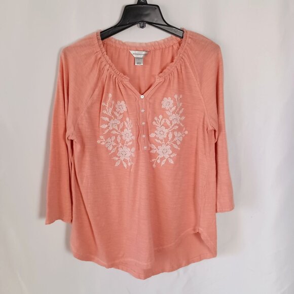 Christopher & Banks Embroidered Boho Tunic Blouse Coral Pink Size L Cotton - Picture 1 of 6